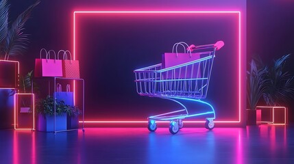 3D Neon Online shopping and free delivery service concept, neon light background. 3d render illustration