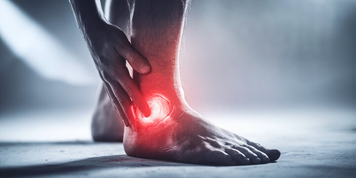 Close-up of a man's foot with an ankle injury, highlighted in red, showcasing pain and discomfort, representative of health issues and medical needs