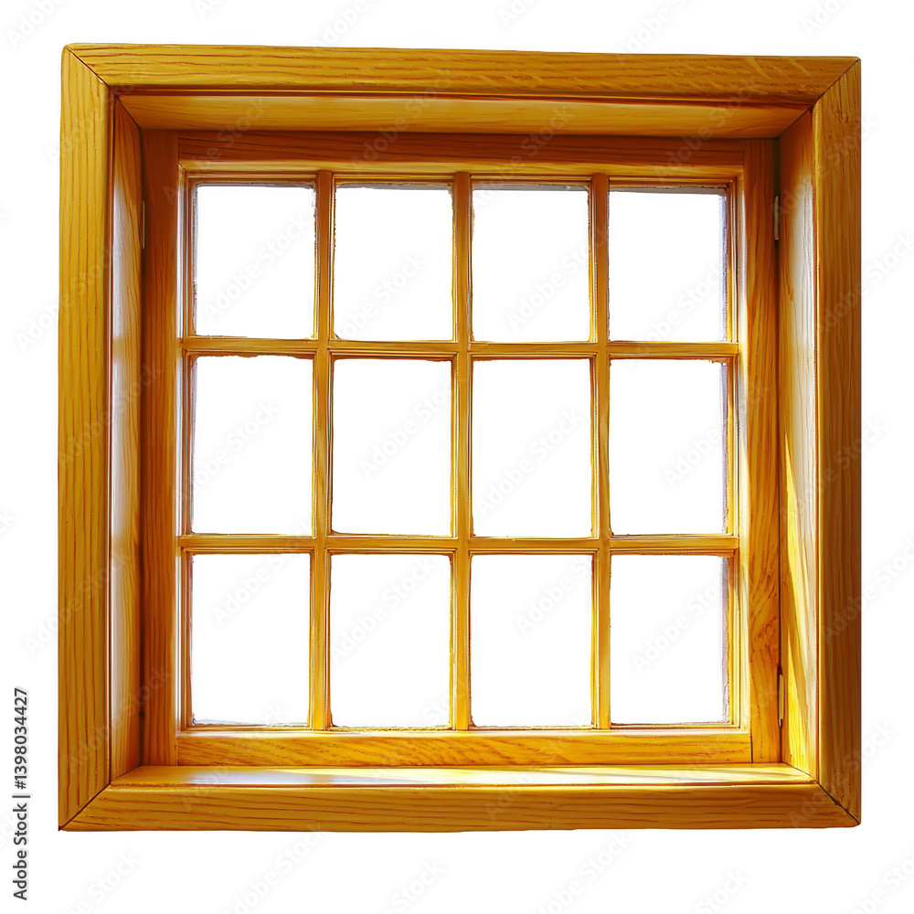 Aufkleber wooden window frame with grid design features natural finish, showcasing wood texture and grain. fra