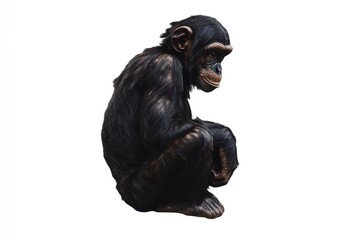 Fototapeta premium Young chimp statue, seated, white background, zoo exhibit.