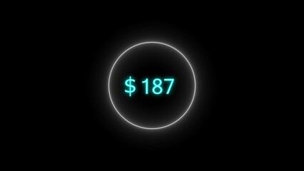 Dollar icon neon bright from $187 cyan color illustration. Black background circle cyan color frem 4k illustration.