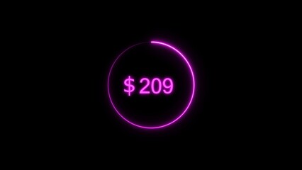 Dollar icon neon bright from $209 magenta color illustration. Black background circle magenta color frem 4k illustration.