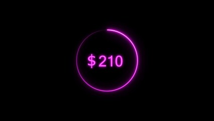 Dollar icon neon bright from $210 magenta color illustration. Black background circle magenta color frem 4k illustration.