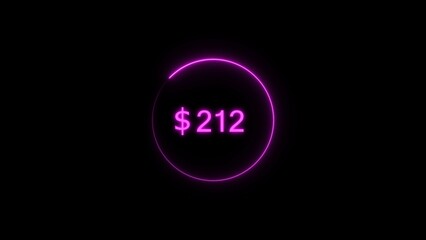 Dollar icon neon bright from $212 magenta color illustration. Black background circle magenta color frem 4k illustration.