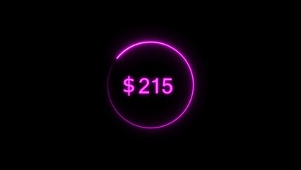 Dollar icon neon bright from $215 magenta color illustration. Black background circle magenta color frem 4k illustration.