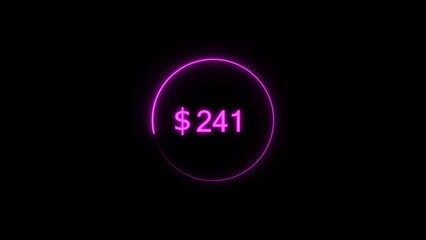 Dollar icon neon bright from $241 magenta color illustration. Black background circle magenta color frem 4k illustration.