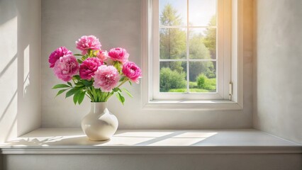 Sunlit Windowsill with a Vase of Pink Peonies, a Peaceful and Serene Springtime Scene