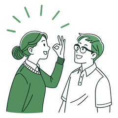 Woman Gesturing Okay Sign to Man with Glasses Green Outline Cartoon