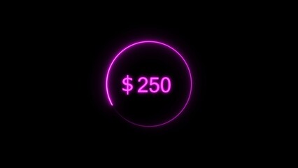 Dollar icon neon bright from $250 magenta color illustration. Black background circle magenta color frem 4k illustration.