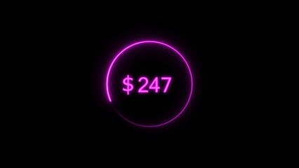 Dollar icon neon bright from $247 magenta color illustration. Black background circle magenta color frem 4k illustration.