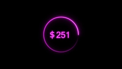 Dollar icon neon bright from $251 magenta color illustration. Black background circle magenta color frem 4k illustration.