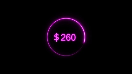 Dollar icon neon bright from $260 magenta color illustration. Black background circle magenta color frem 4k illustration.