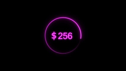 Dollar icon neon bright from $256 magenta color illustration. Black background circle magenta color frem 4k illustration.