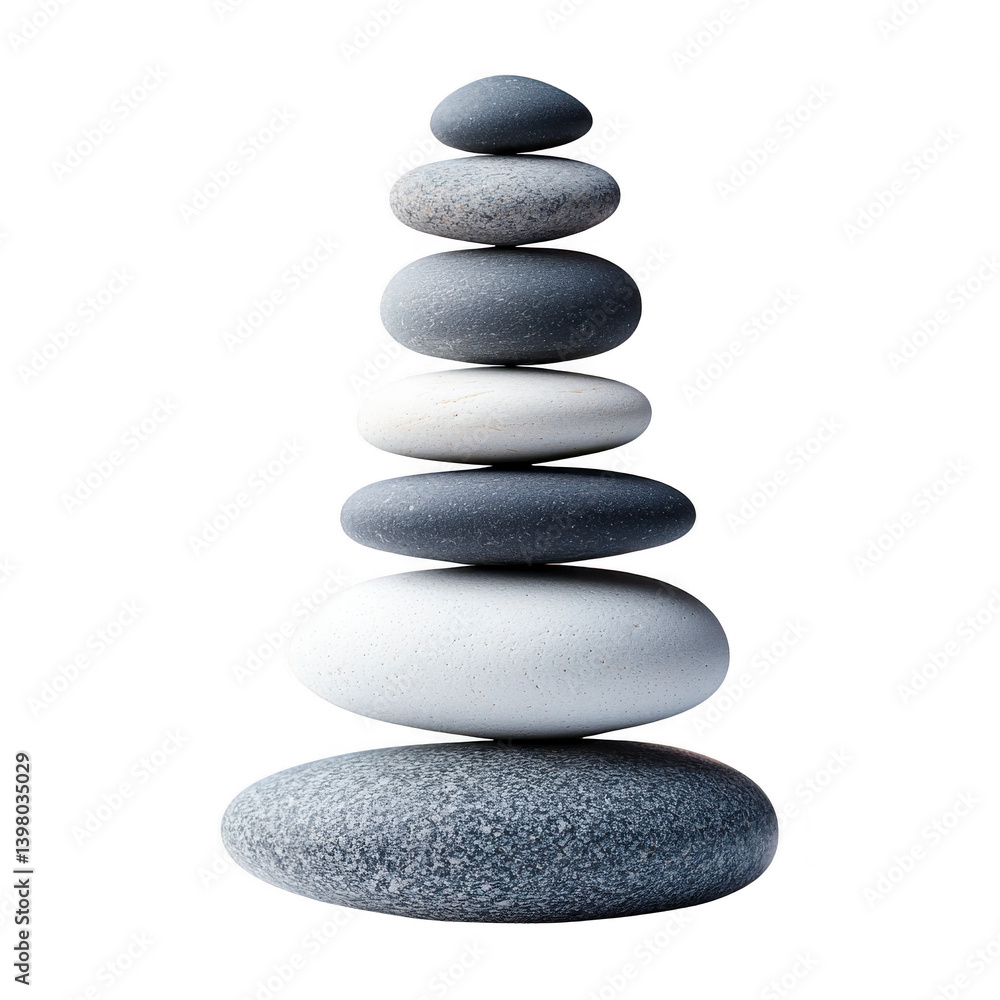 Poster stack of smooth, balanced stones in varying shades of gray and white creates calming and harmonious 