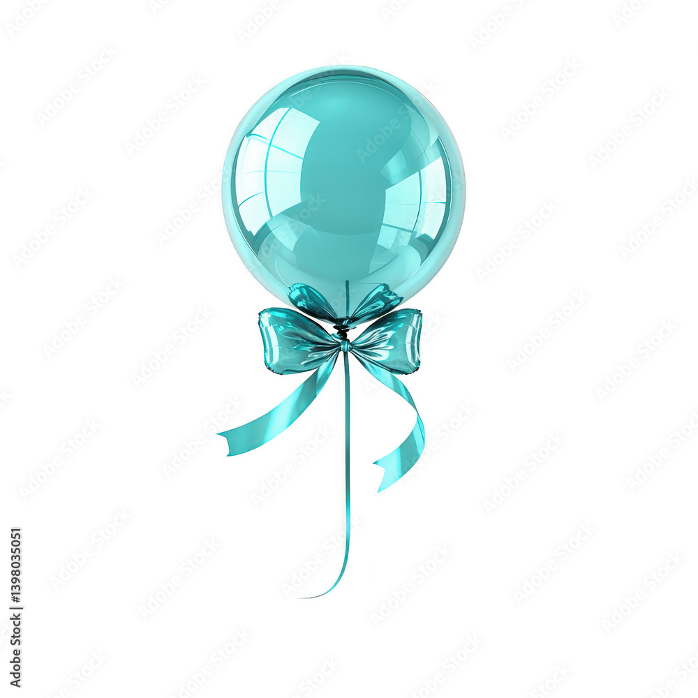 Poster shiny blue balloon with reflective surface is tied with matching ribbon, creating festive and elegan
