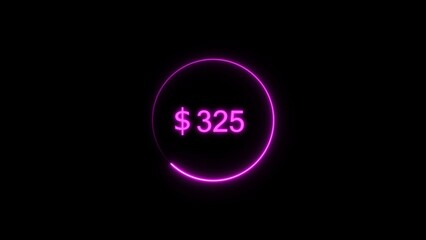 Dollar icon neon bright from $325 magenta color illustration. Black background circle magenta color frem 4k illustration.
