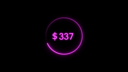Dollar icon neon bright from $337 magenta color illustration. Black background circle magenta color frem 4k illustration.