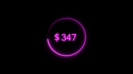 Dollar icon neon bright from $347 magenta color illustration. Black background circle magenta color frem 4k illustration.