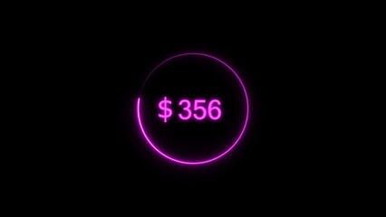 Dollar icon neon bright from $356 magenta color illustration. Black background circle magenta color frem 4k illustration.
