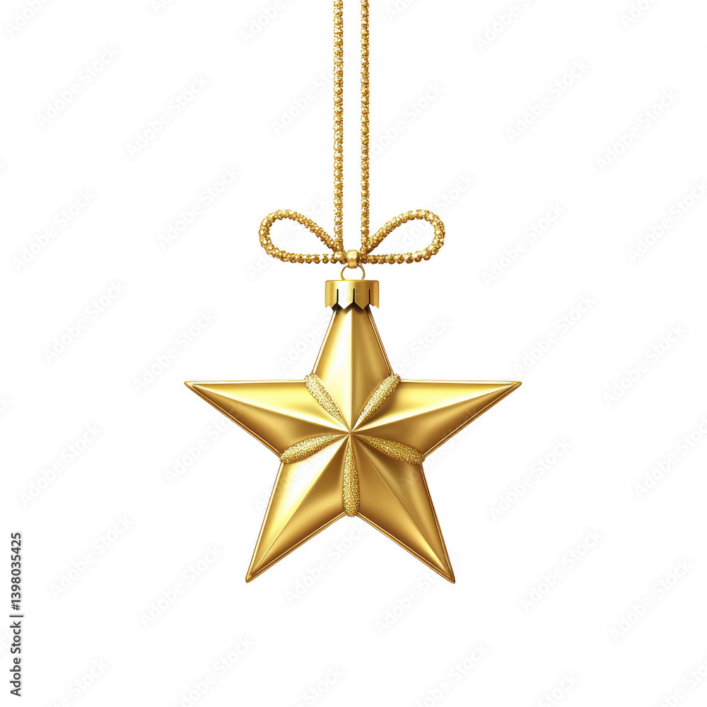 Poster shiny golden star shaped ornament with intricate detailing hangs elegantly from delicate string, per