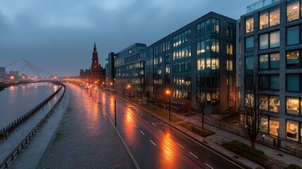 City skyline at dawn with river, tall buildings, and colorful sky. Roads with light trails.