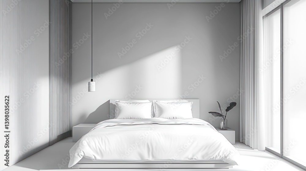 Poster minimalist serene bedroom design in grayscale with sunlight casting shadows creating a calming atmosphere and promoting restful sleep