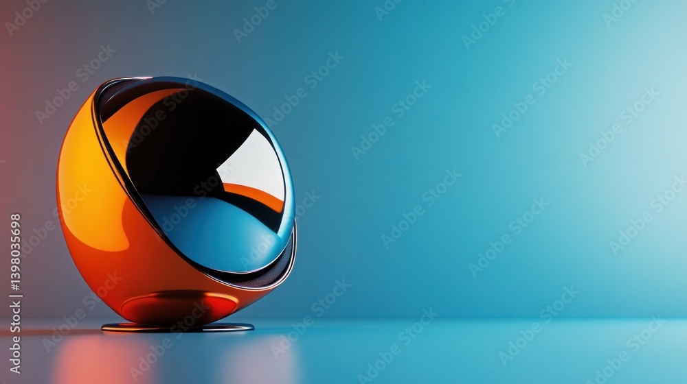 Poster futuristic spherical chair concept with orange and blue gradient color scheme showcasing modern desi