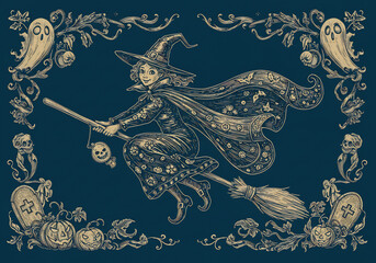 Whimsical Halloween Witch Flying on Broom, Teal and Beige Vintage Illustration