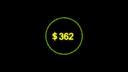Dollar icon neon bright from $362 lime green color illustration. Black background circle lime green color frem 4k illustration.