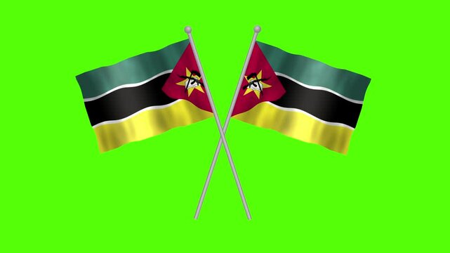 Flag of Mozambique, Cross table flag of Mozambique on Green screen chroma key, Mozambique 3D Animation flag waving in the wind isolated on Green Background. 
