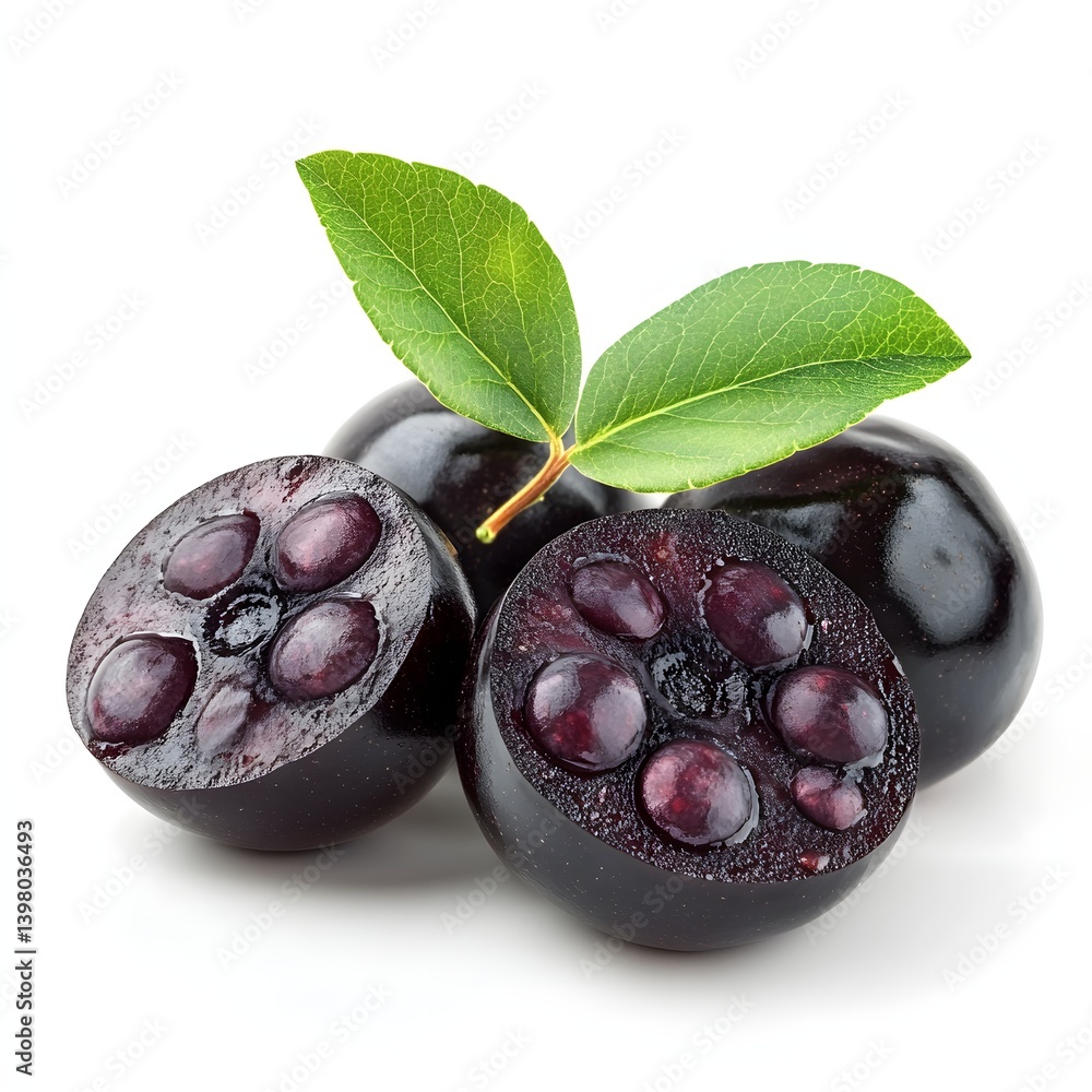 Poster close-up shot of acai berries with a green leaf. highlighting the vibrant colors and textures of thi