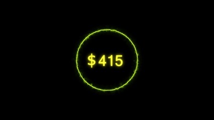Dollar icon neon bright from $415 lime green color illustration. Black background circle lime green color frem 4k illustration.