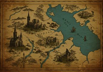 Aged Fantasy Map Illustration Featuring a Coastal Kingdom