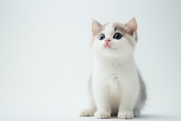 Obraz premium Cute kitten sitting, white background, curious gaze, pet adoption