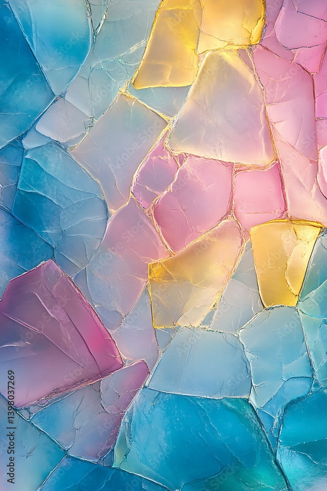 Poster dynamic abstract design with iridescent pink, blue, and yellow triangles and hexagons as a backdrop