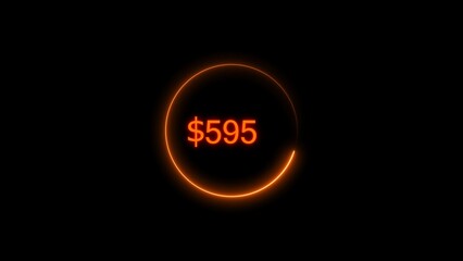 Dollar icon neon bright from $595 orange color illustration. Black background circle orange color frem 4k illustration.
