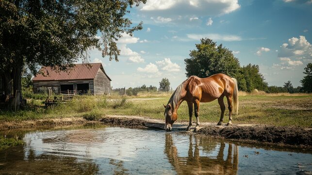 A horse drinking from a trough with a barn in the background.