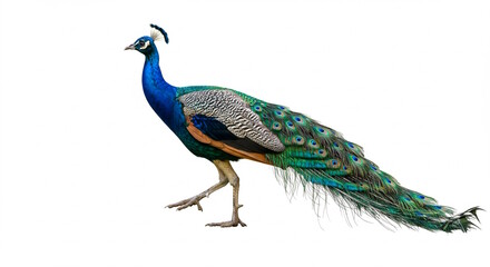 Naklejka premium colorful beautiful walking Indian peacock bird, white background, text copy space