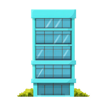 modern, blue, four story office building with large glass windows and sleek design, surrounded by small green bushes, stands against transparency background