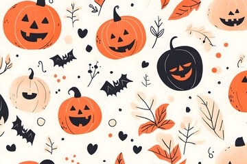 A pattern of cute Halloween pumpkins and small motifs