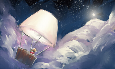 Magical Star and Girl Illustration Set, In the quiet of the night, a little girl follows a star—through dreams, clouds, and glowing skies.