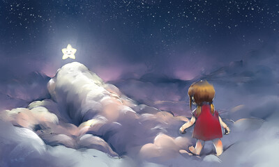 Magical Star and Girl Illustration Set, In the quiet of the night, a little girl follows a star—through dreams, clouds, and glowing skies.