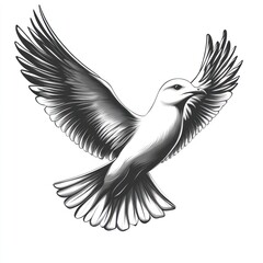 Obraz premium Soaring dove, monochrome, white background, peace symbol, tattoo design.