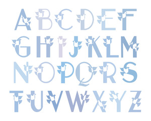 Tender blue peace family monogram set. Latin letters with dove on white background