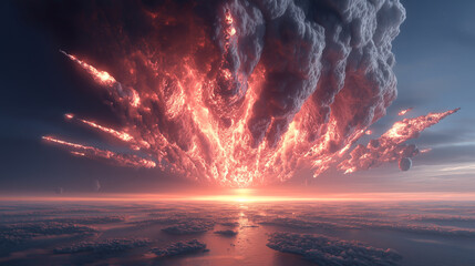 Asteroid Impact Threat, View from Ground Showing Fiery Sky and Approaching Meteor