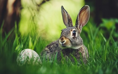 A rabbit sits in the grass beside a colorful egg, embodying the spirit of Easter.