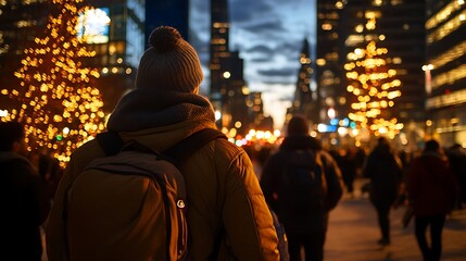 Obraz premium NYC Christmas Eve Lone Walker Amidst Festive Lights.