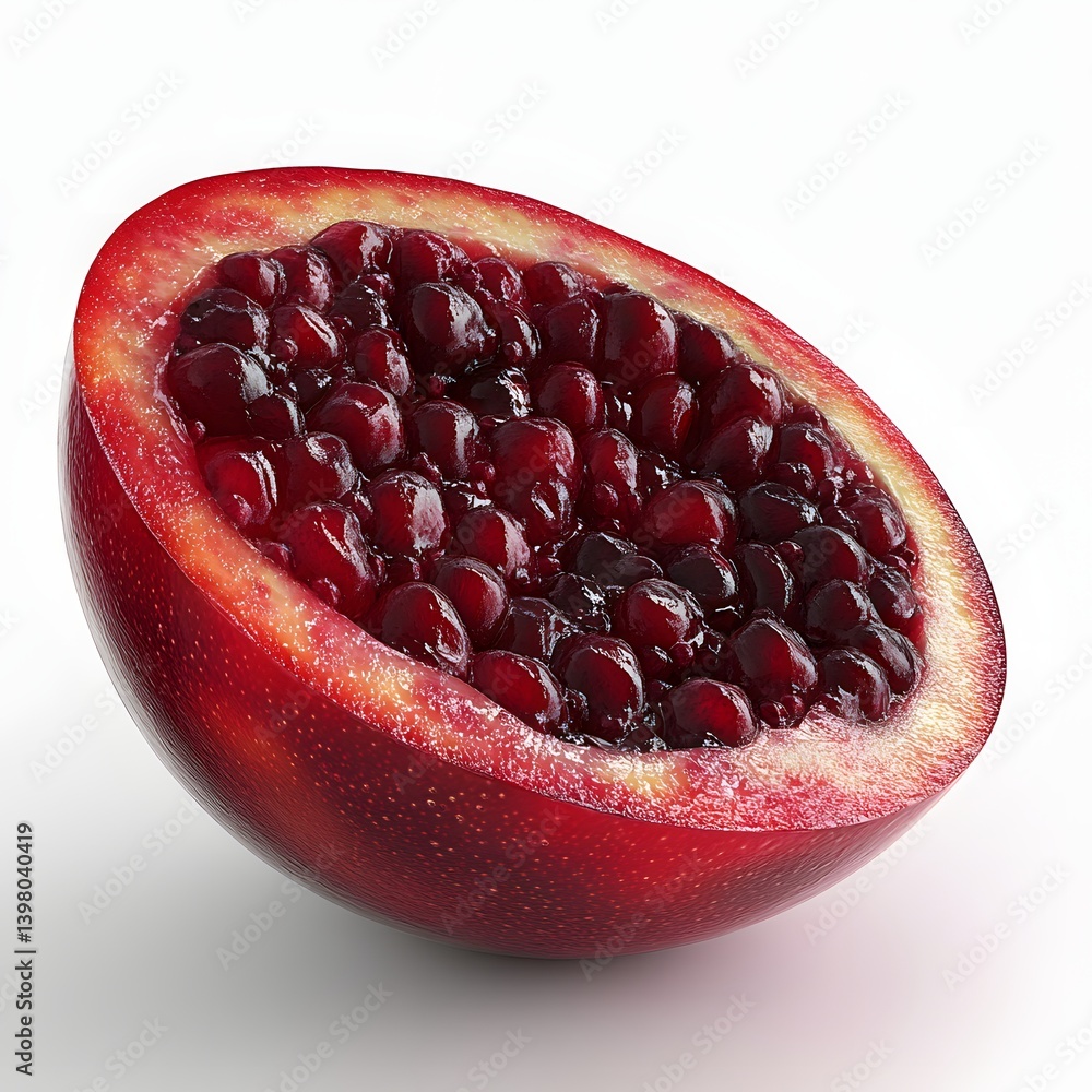 Poster half a pomegranate showcasing its many red juicy seeds. the image is bright, fresh and appetising cl