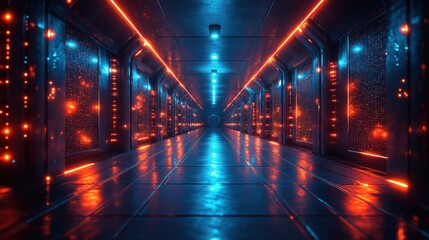 Futuristic interior with glossy concrete surfaces and sci-fi lighting panels, modern tech background