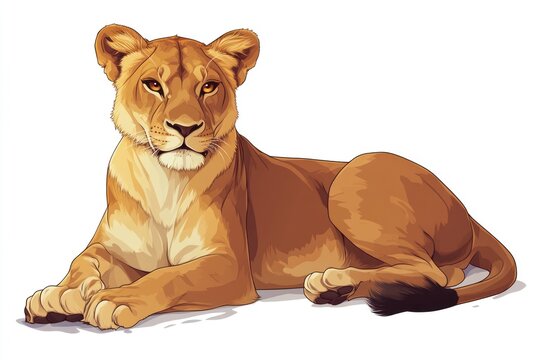 Relaxed lioness resting, African savanna background, wildlife illustration, book cover